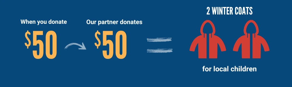 Donate $50 and our partner will Donate $50 to buy coats for 2 children in need
